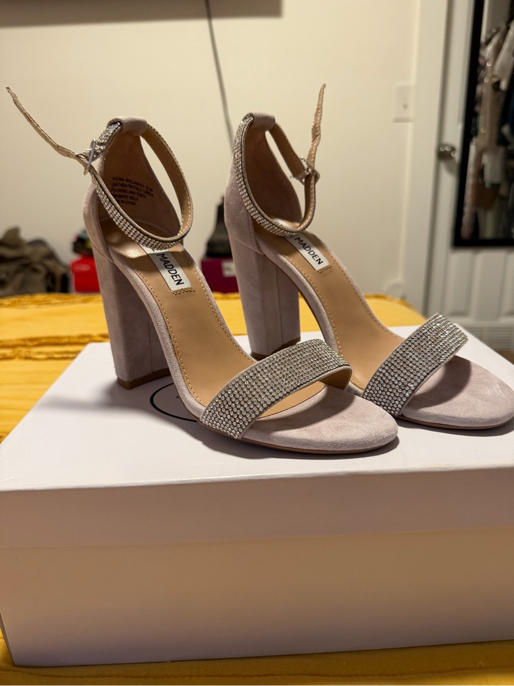 Steve Madden Women's Light Gray Crystal Ankle-Strap Block Heel Sandals